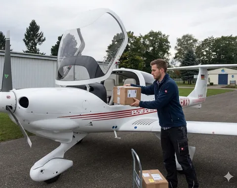 Lennard Falkenhain belädt ein Kleinflugzeug für einen Express-Lufttransport